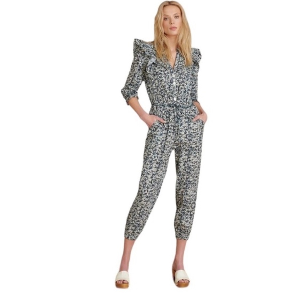 VERONICA BEARD NWT Tanay Batik Dye Ruffle Jumpsuit Playsuit 6 Navy